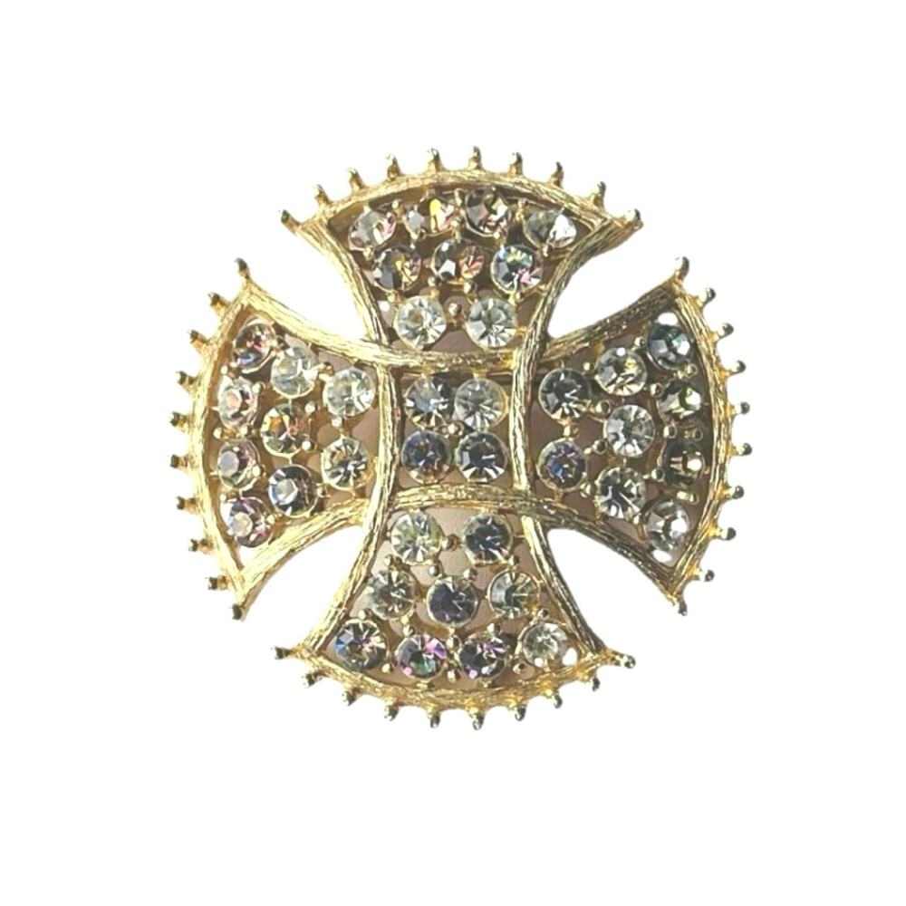 Brooch Vtg Maltese Cross Rhinestone Statement Multi Color Pin Gold Tone